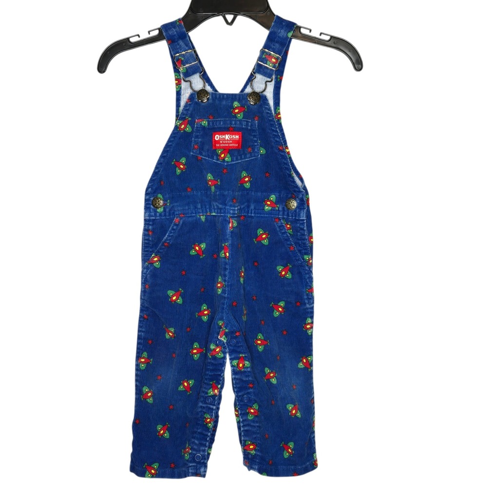 Vtg OshKosh B'gosh Blue Corduroy Airplane Star Print Overalls Kids 24 Months